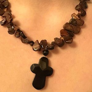 Smokey Quartz/Black Agate Cross Healing Stones necklace for men or women.